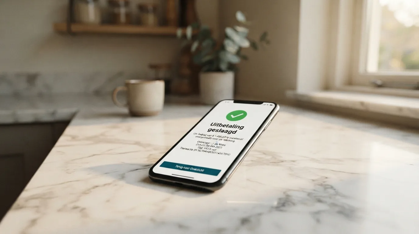 Een smartphone met een bevestigingsscherm van een geslaagde casino-uitbetaling via bankoverschrijving