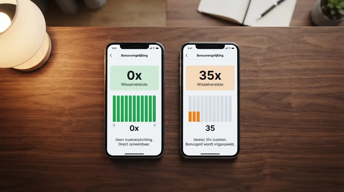 Twee smartphones naast elkaar met een casino-app waarop een vergelijkingstabel met bonusvoorwaarden staat