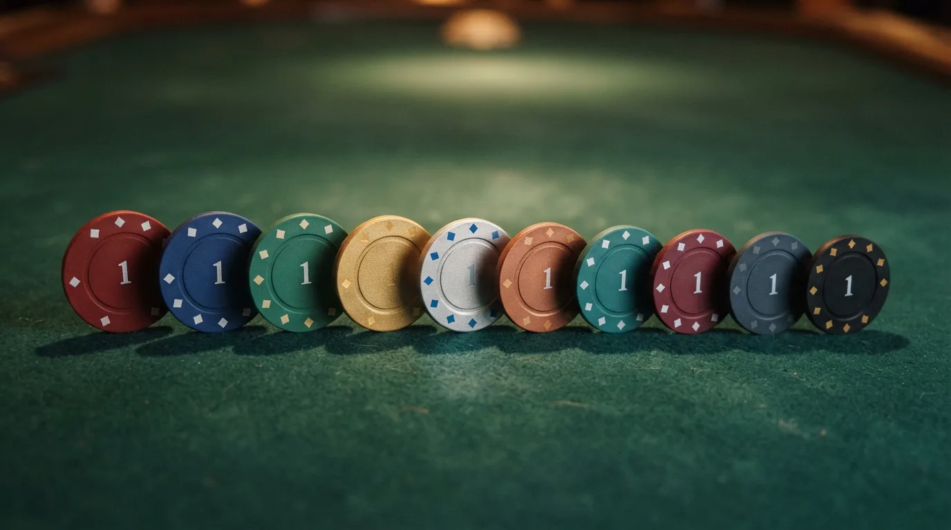 Een overzichtelijke rij van tien fiches of kaarten met verschillende buitenlandse casino-logo's, aflopend van links naar rechts