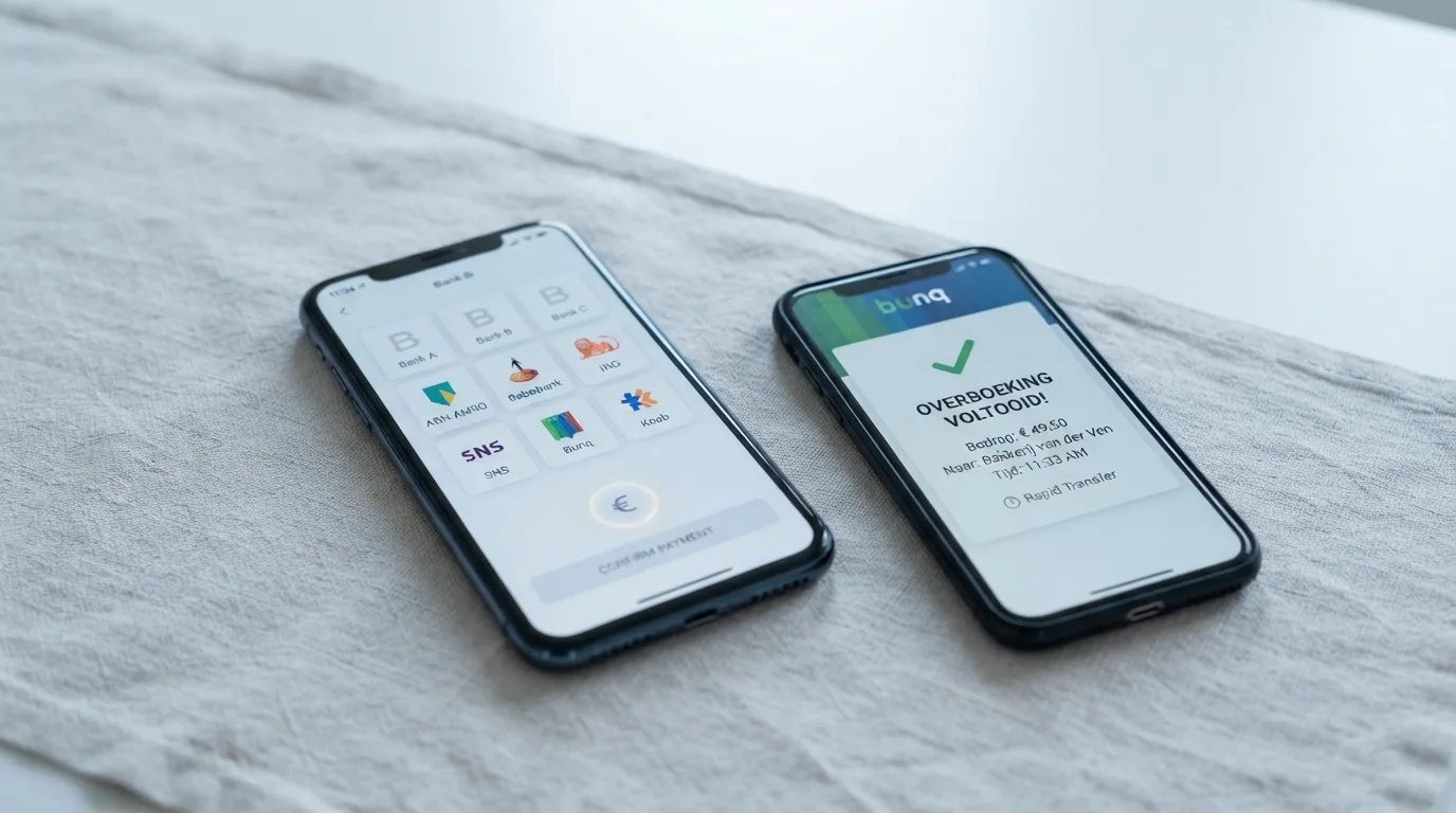 Een smartphone met het Trustly-bankkeuzescherm naast een Nederlandse bank-app, met een klokicoon dat de snelle verwerkingstijd symboliseert