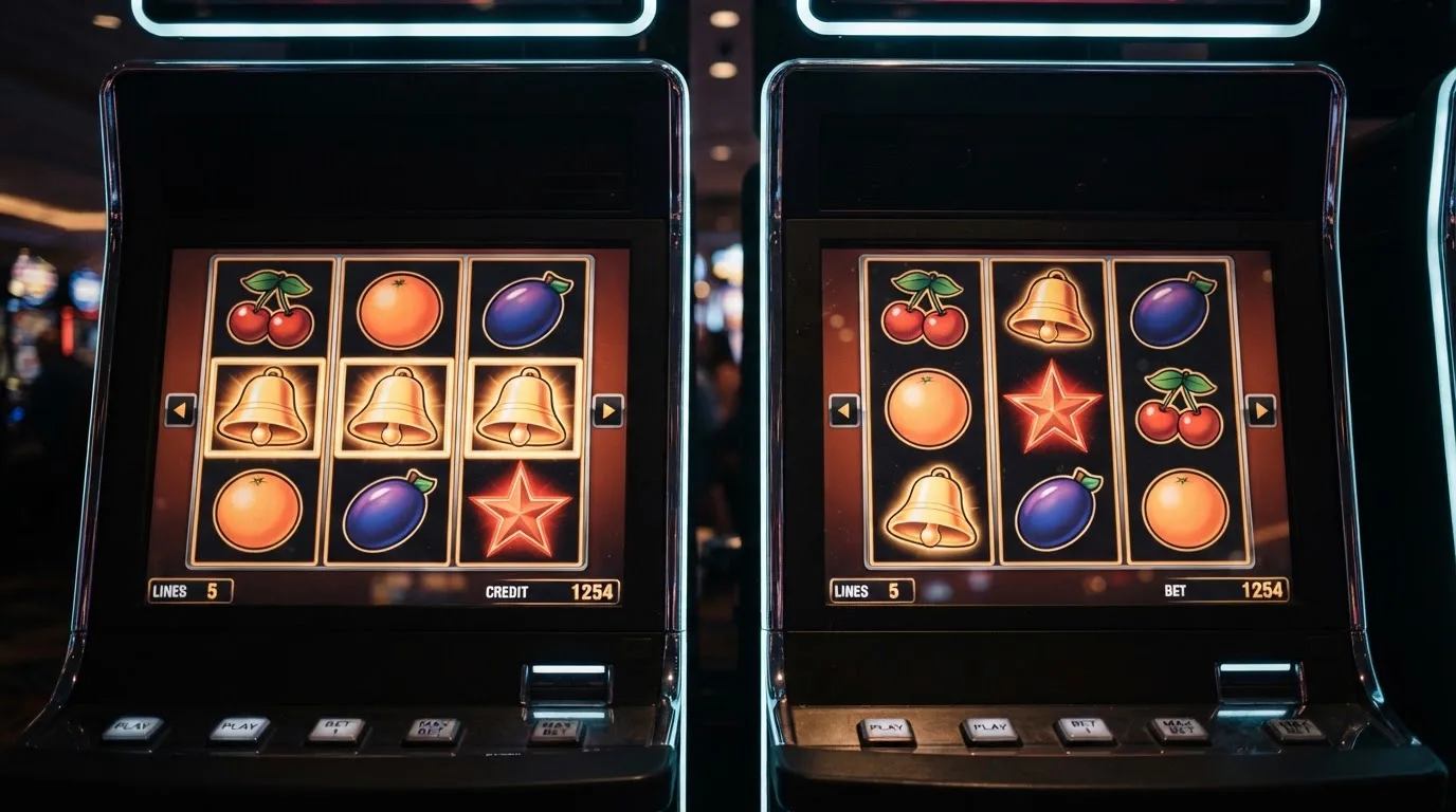Close-up van de twee identieke 3x3-speelschermen van Club 2000 Deluxe naast elkaar, elk met de fruitautomaten-reels zichtbaar
