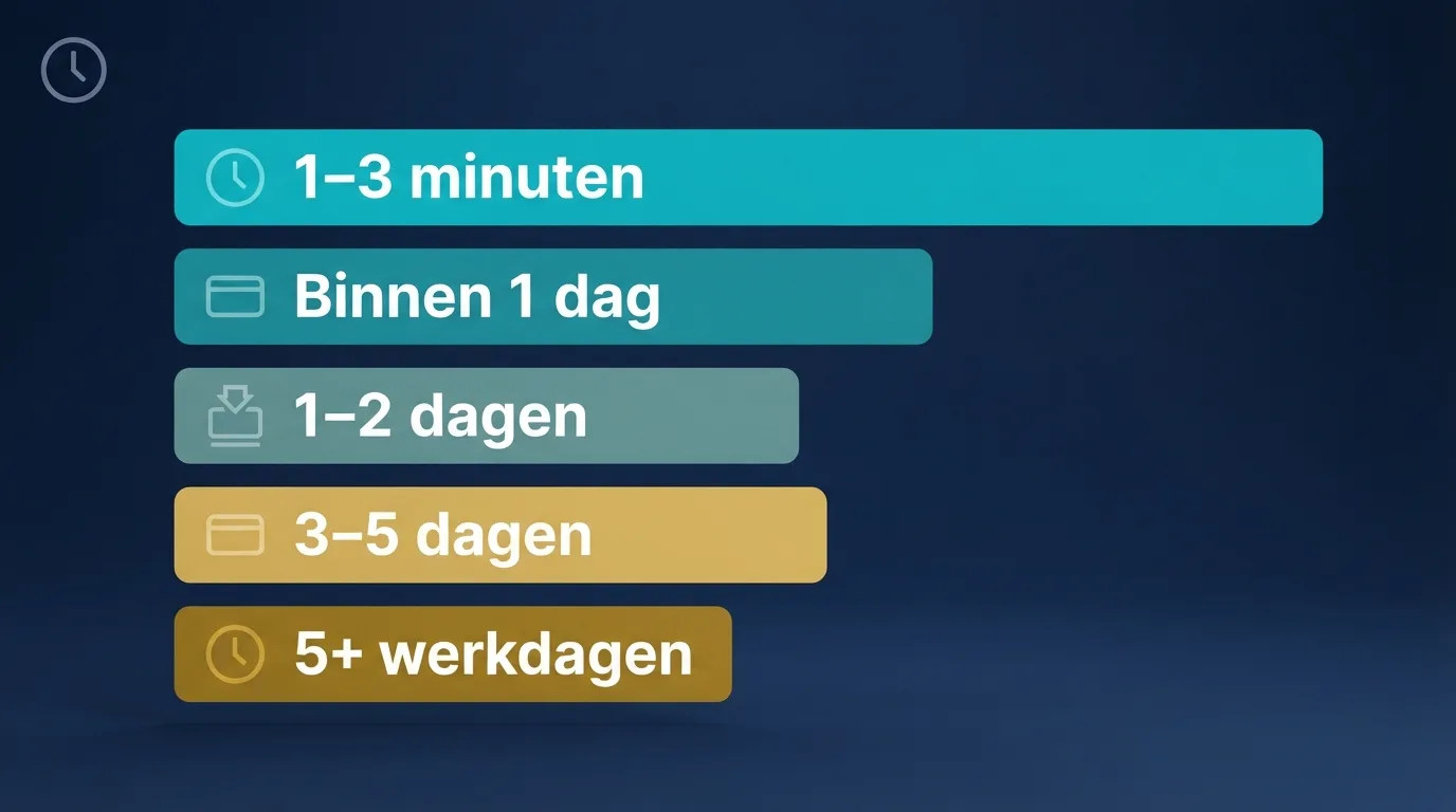 Een gestileerde tijdlijn die de uitbetalingssnelheid van bankoverschrijving bij verschillende NL casino's visualiseert — van vijf seconden tot vijf werkdagen