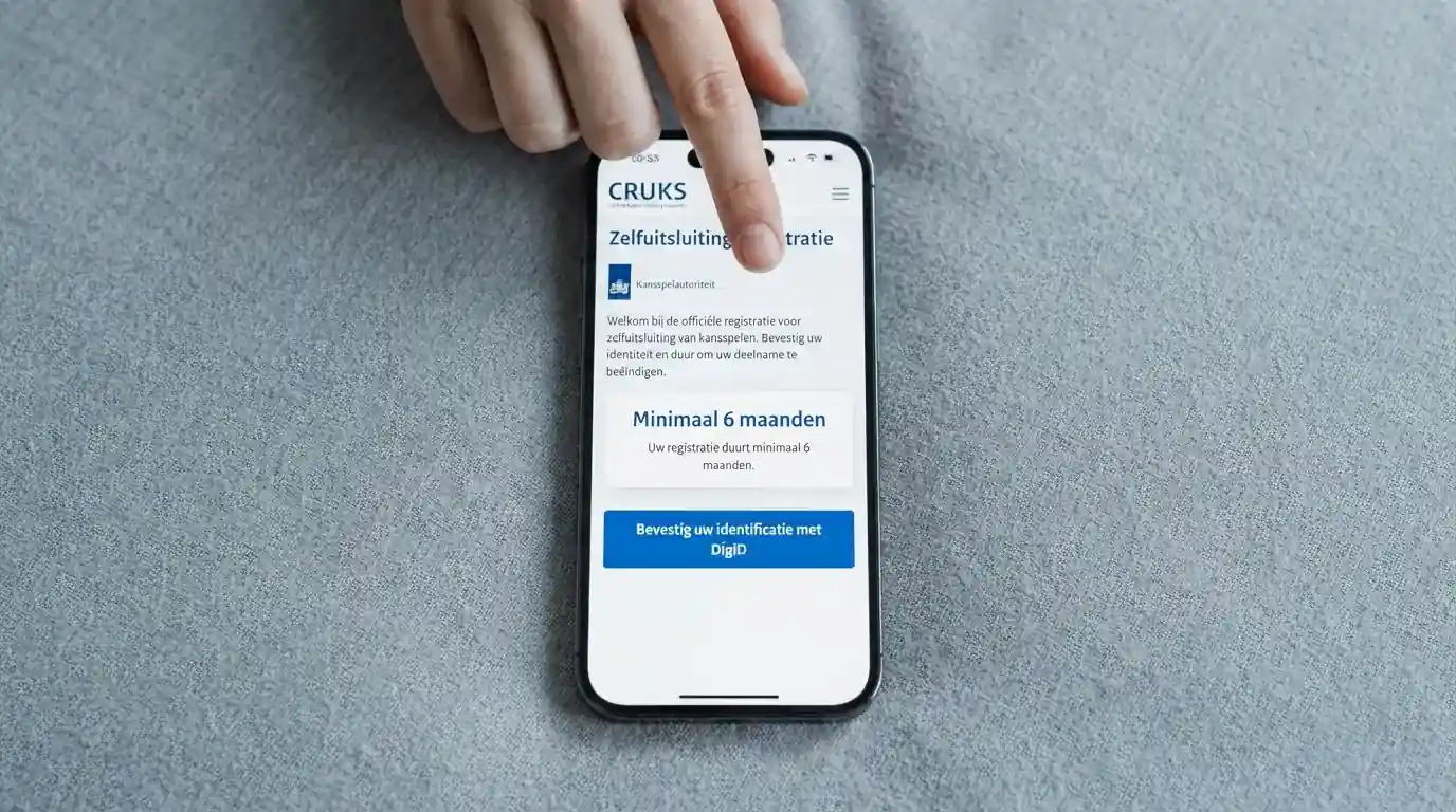 Een smartphone met de Cruks-registratiepagina in beeld, met het DigiD-logo en de tekst “minimaal 6 maanden” zichtbaar